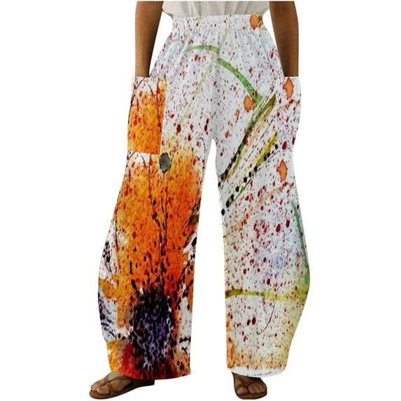 Lilgiuy Women Casual Printing Pockets Elastic Mid-Waist Comfortable Wide-Legged Loose Pants Lightweight Versatile Going Out Pants