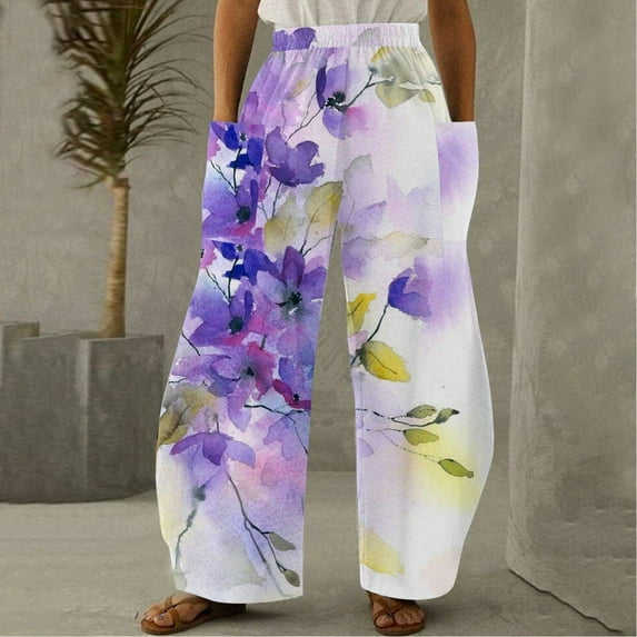 Lilgiuy Women Casual Printing Pockets Elastic Mid-Waist Comfortable Wide-Legged Loose Pants for Fishing Outdoor Activities