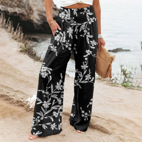 Lilgiuy Women Casual Printing Pockets Elastic Waist Comfortable Straight Loose Pants for Beach Vacation Travel