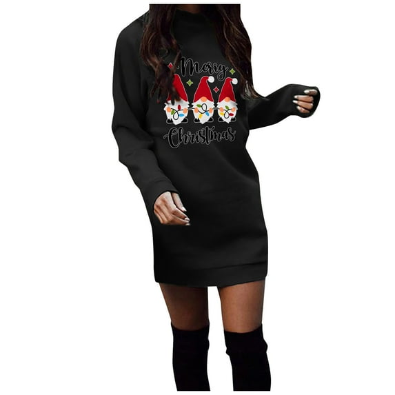 Lilgiuy Women Casual Round Neck Christmas Printed Dress Loose And Comfortable Long-sleeved