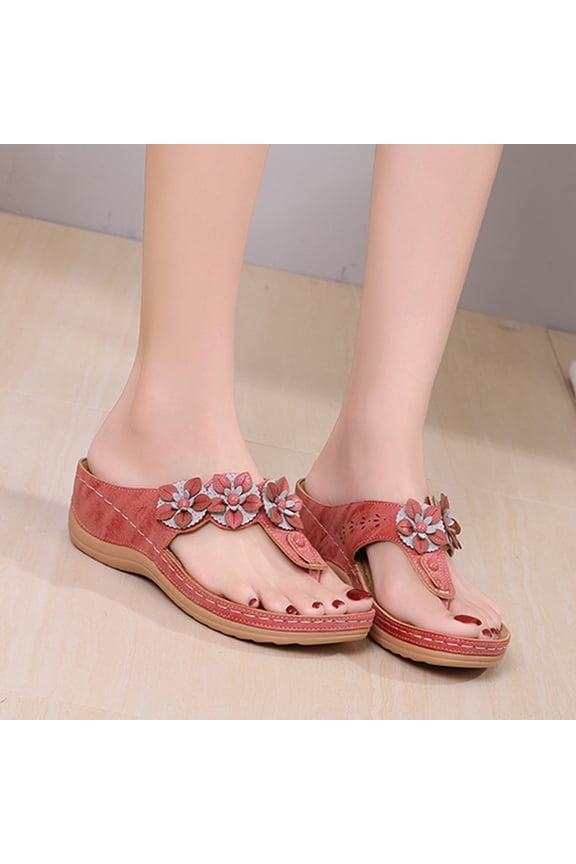 Women Casual Slides Flip Flops Wedge Platform Flowers T-Strap Thong Sandals Comfortable Beach Shoes Dressy Summer Sandals Streetwear(Red,7.5)