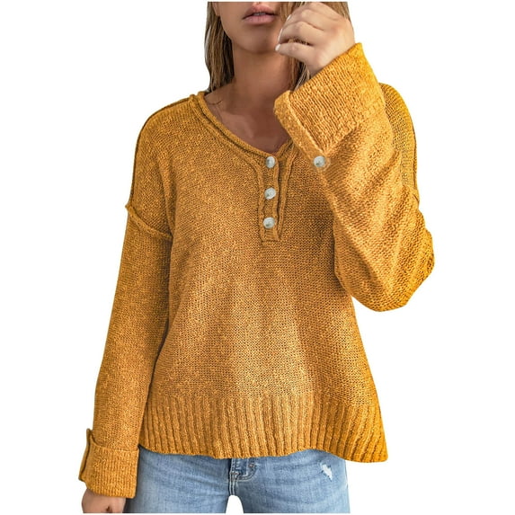 Lilgiuy Women Casual Soild Long Sleeve Button Knit Pullover V-neck Sweater Coat Winter Clothes for 2022