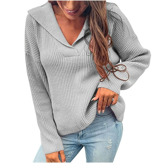 Lilgiuy Women Casual Soild Long Sleeve Knit Pullover V-neck Sweater Coat,Gray,8(L) Winter Dresses for 2022