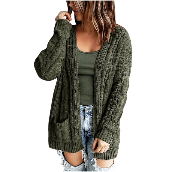 Lilgiuy Women Casual Soild Long Sleeve Pocket Long Knit Cardigan Sweater Coat,Army Green,8 Winter Fashion 2022