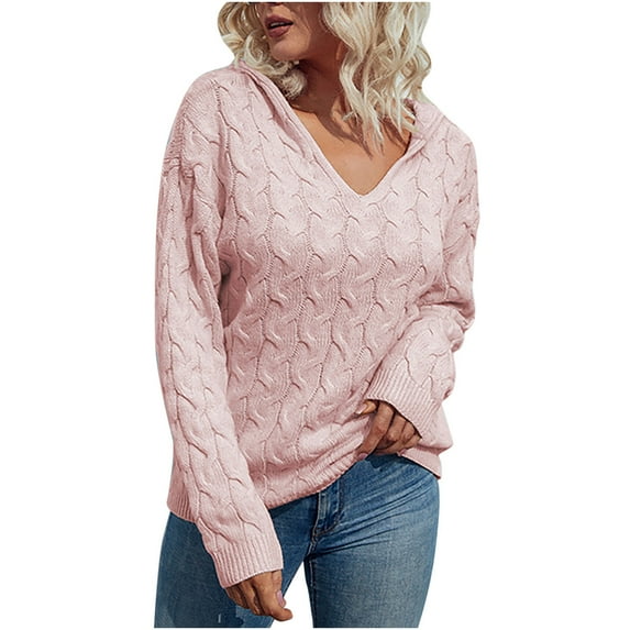 Lilgiuy Women Casual Soild Long Sleeve V-neck Hooded Knit Pullover Sweater Coat,Pink,10(XL) Winter Dresses for 2022