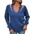 thumbnail image 1 of Lilgiuy Women Casual Solid Color Pullover Long Sleeve V-Neck Sweater,Blue,10(XL) Fall Fashion 2022 Spring Winter, 1 of 5