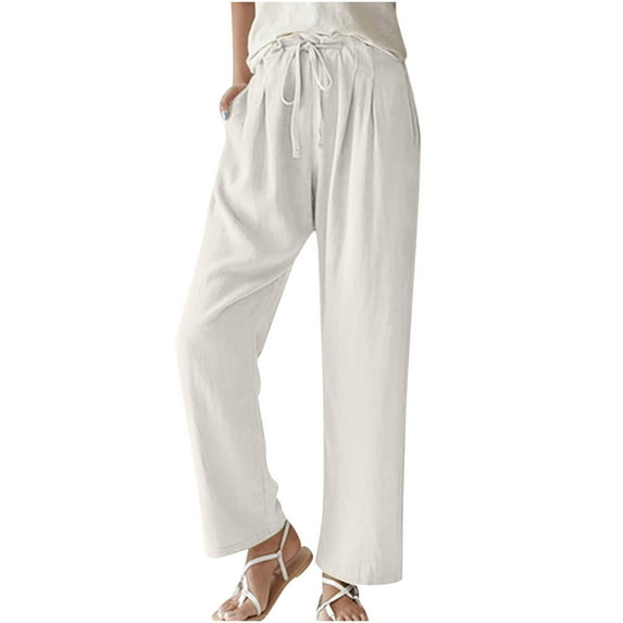 Lilgiuy Women Casual Solid Cotton Linen Drawstring Elastic Waist Calf-Length Pencil Pants for Office Work Business