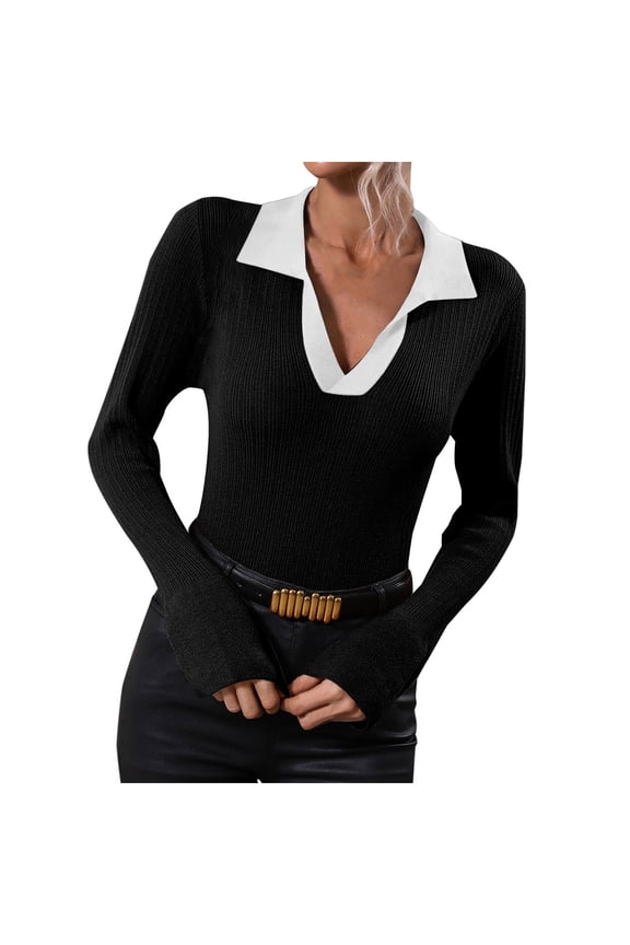 Women Casual Solid Knitting Slimming Trumpet Sleeve Long Sleeve V-Neck Sweaters Tops Blouse, Black ,XL(XL) Winter Clothes for 2022