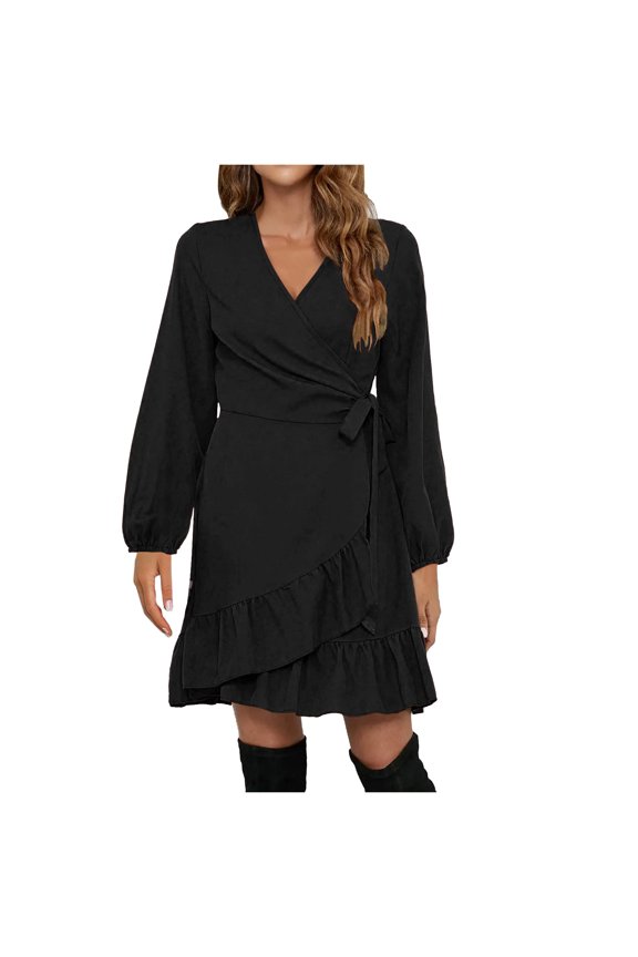 Women Casual Solid Loose Straps Ruffled Hem Long Sleeve V-Neck Dress Black Fall Dresses for 2022 Spring Winter