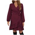 thumbnail image 1 of Lilgiuy Women Casual Solid Loose Straps Ruffled Hem Long Sleeve V-Neck Dress Wine Fall Dresses for 2022 Spring Winter, 1 of 5