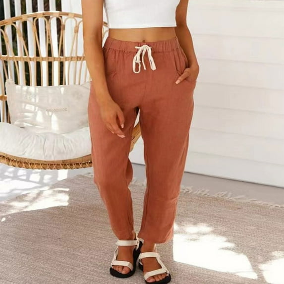 Lilgiuy Women Casual Solid Pants Comfortable Elastic Cropped Pants for Beach Vacation Travel