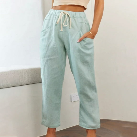 Lilgiuy Women Casual Solid Pants Comfortable Elastic Cropped Pants for Errands Exercise