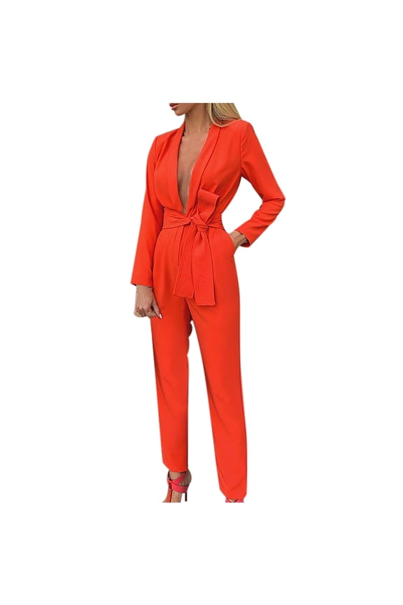 Women Casual Solid Pocket Romper Long Playsuit Strap Long Sleeve Jumpsuit+Belt Orange 8 2022 Fall Winter