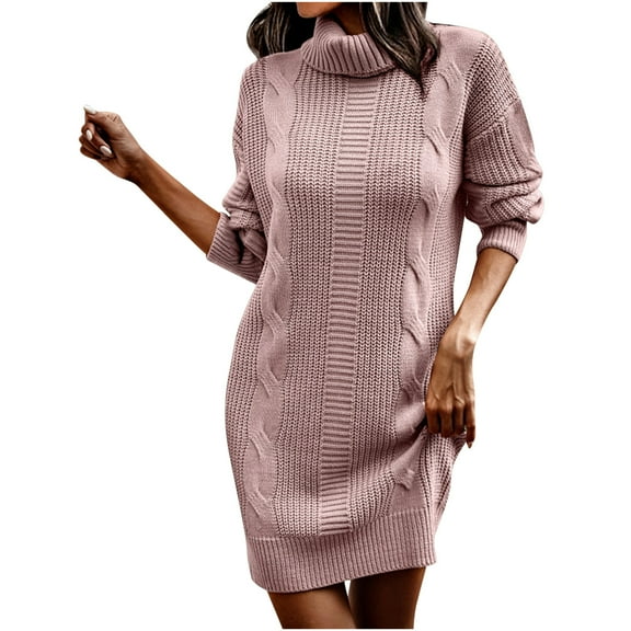 Lilgiuy Women Casual Solid Pullover Long Sleeve Round-Neck Sweater Dress Pink Fall Dresses for 2022 Spring Winter