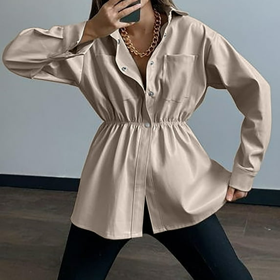 Lilgiuy Women Casual Solid Turndown Neck Long Sleeve Hoodless Button Loose Dress Autumn Blouse Tops Beige,6(M) Fall Fashion for 2022 Spring Winter