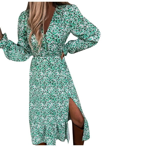 Lilgiuy Women Casual Split Button Ruffled Hem Long Sleeve V-Neck Mid-Calf Dresses Green 2022 Fall Winter