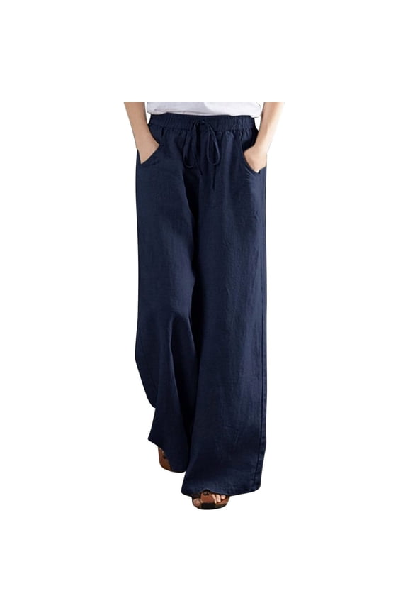 Women Casual Sweatpants Elastic Waist Drawstring Wide Leg Lounge Trousers Stretchy Summer Palazzo Pants With Pocket Dark Blue,8 Fall Fashion for 2022 Spring Winter