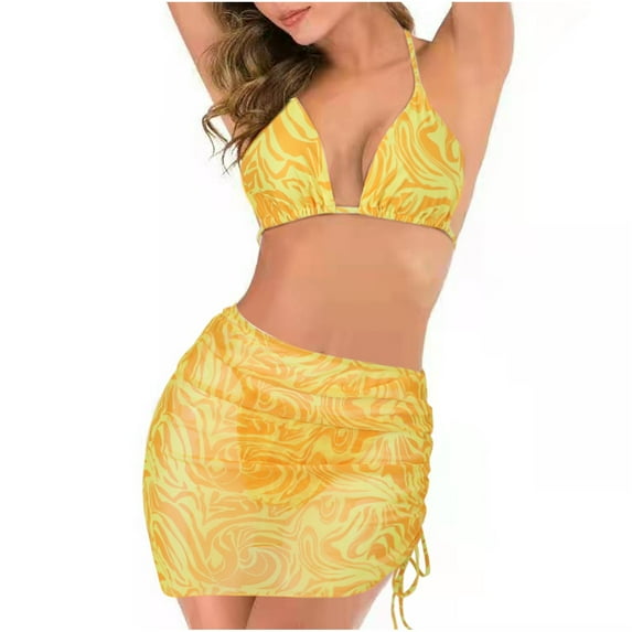 Lilgiuy Women Charming With Chest Pad Without Underwire Printed Halterneck Split Bikini Three Piece Swimsuit High Waisted Swimwear Clearance on Sales