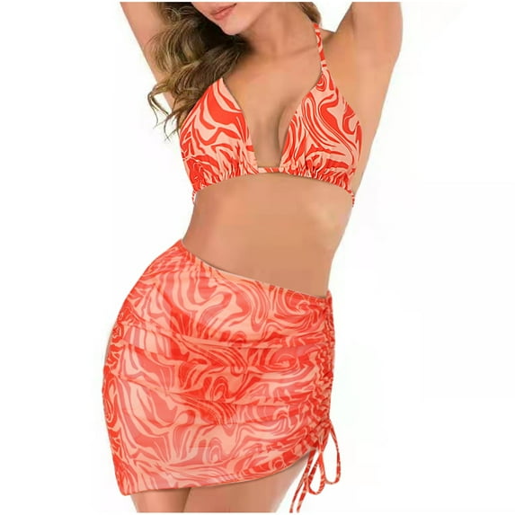 Lilgiuy Women Charming With Chest Pad Without Underwire Printed Halterneck Split Bikini Three Piece Swimsuit Swimming Pool Beach Volleyball Suits