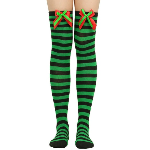 Lilgiuy Women Christmas Stockings Beautiful Bow Opaque Stripe Warm Versatile Thigh High Stockings for Christmas Family Holiday Party Decoration