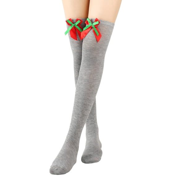 Lilgiuy Women Christmas Stockings Csual Solid Color Bow Opaque Warm Thigh High Stocking for Christmas Costume Accessory