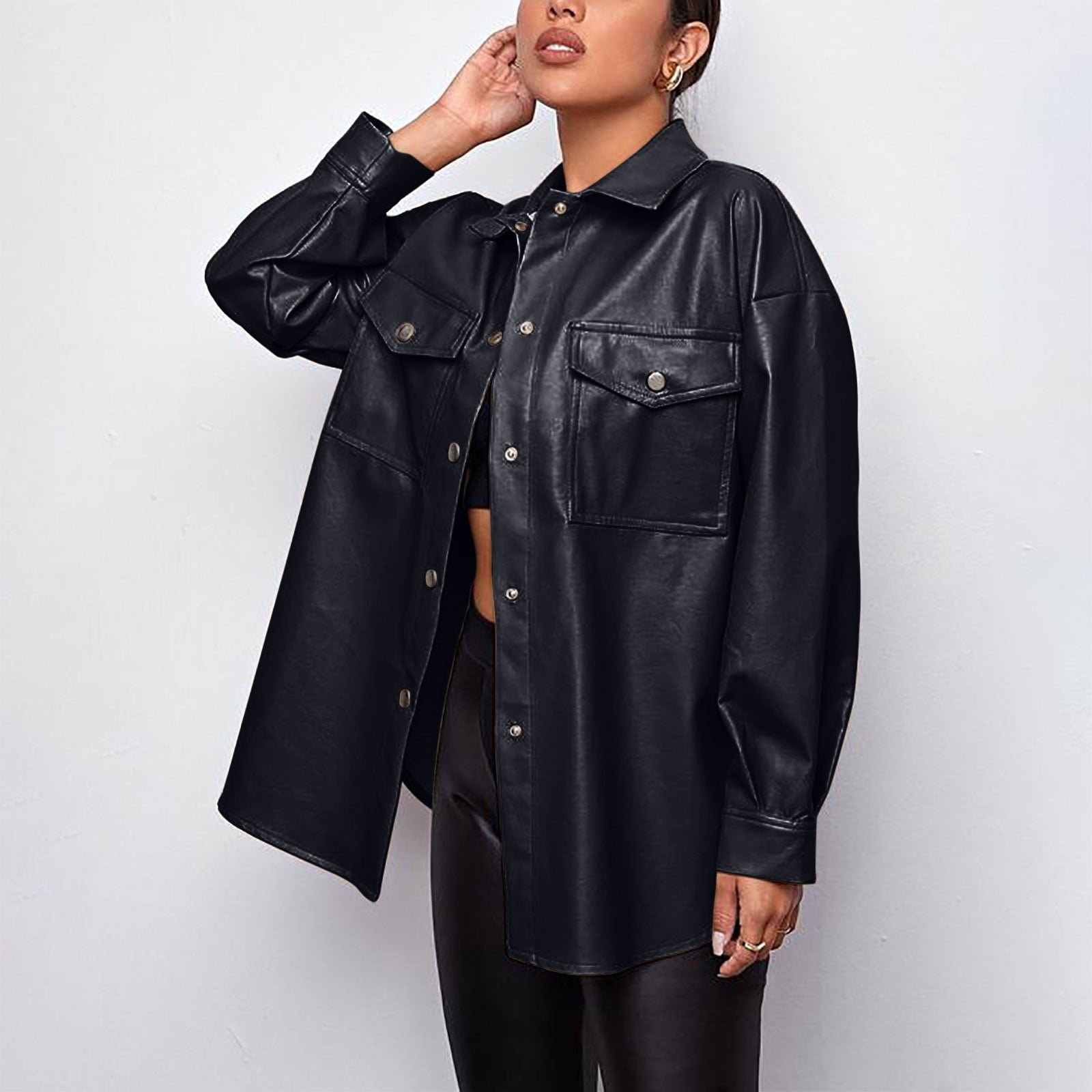 Lilgiuy Women Cool Faux Leather Jacket Long Sleeve Zipper Fitted