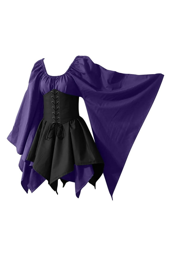 Women Costumes Gothic Retro Long Sleeve Corset Dresses Long Sleeve Round-Neck Knee-High Dress Purple Fall for 2022 Spring Winter