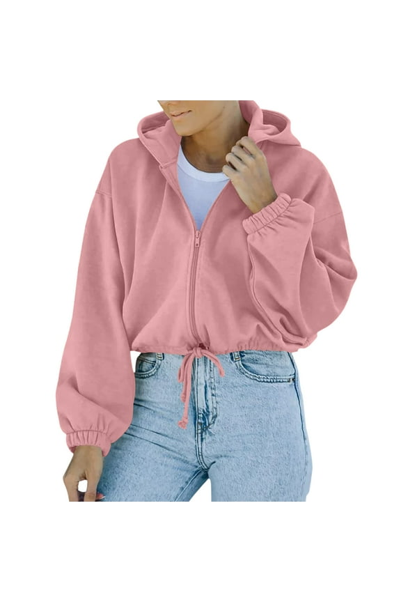 Women Crop Top Sweatshirt Fleece Zipper Long Sleeve Cropped Hoodie Solid Sweater Blouse Coat 2022 Fall Winter