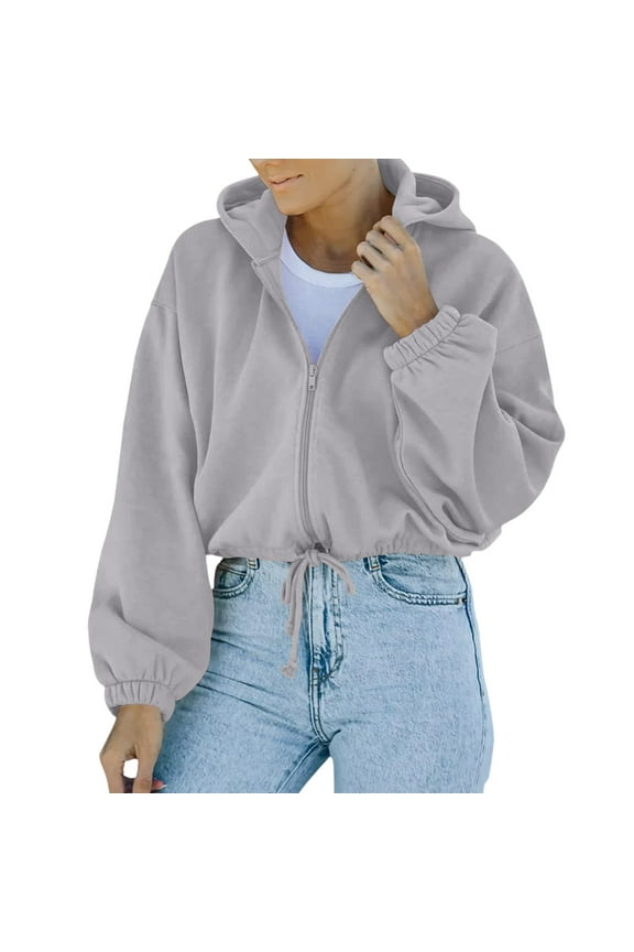 Women Crop Top Sweatshirt Fleece Zipper Long Sleeve Cropped Hoodie Solid Sweater Blouse Coat(Gray,4) Winter Clothes for 2022