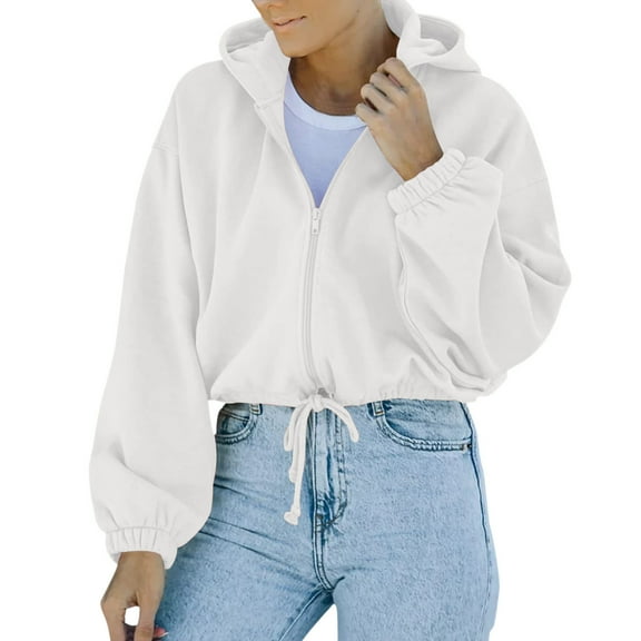 Lilgiuy Women Crop Top Sweatshirt Fleece Zipper Long Sleeve Cropped Hoodie Solid Sweater Blouse Coat(White,6) Winter Clothes for 2022