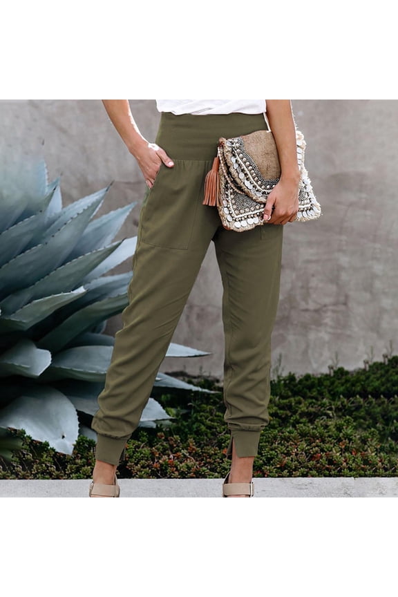 Women Fashion Casual High Waist Trousers Slit Pocket Solid Color Length Pants for Errands Exercise