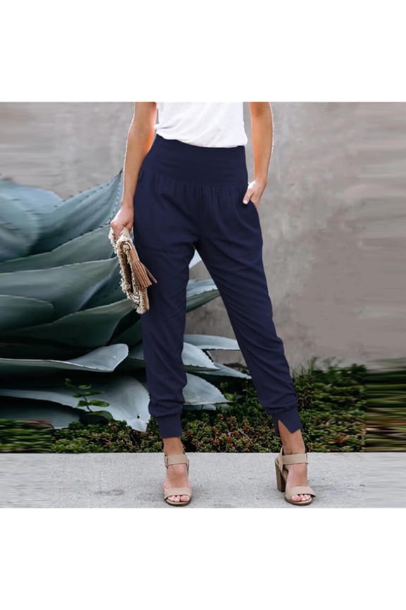 Women Fashion Casual High Waist Trousers Slit Pocket Solid Color Length Pants for Fishing Outdoor Activities