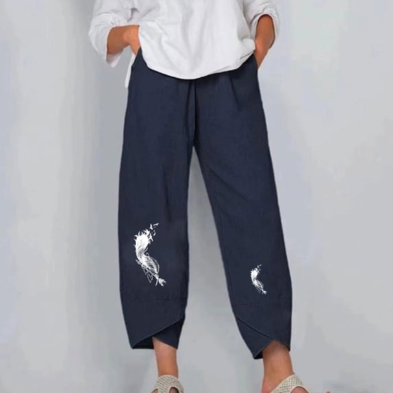 Lilgiuy Women Fashion Casual Printing Pocket Fold Loose Full Length Pants for Hiking Biker Golf
