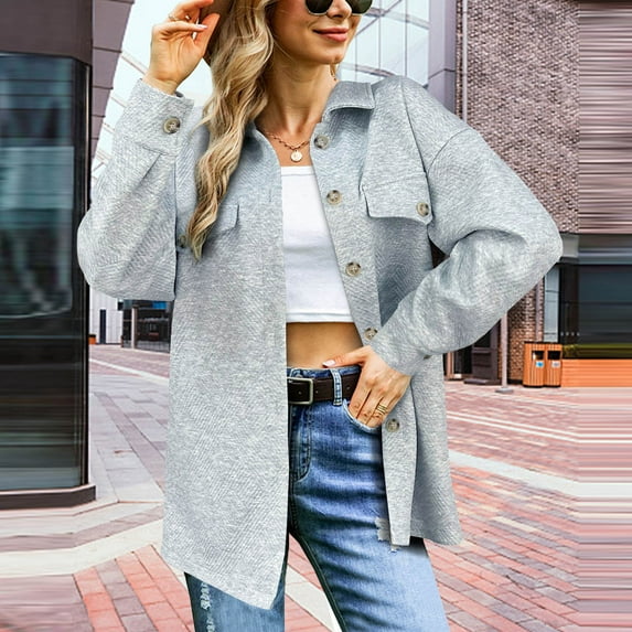 Lilgiuy Women Fashion Casual Solid Color Buttons Tops Turndown Collar Long Sleeve Hoodless Casual Outwear for Camping Hiking