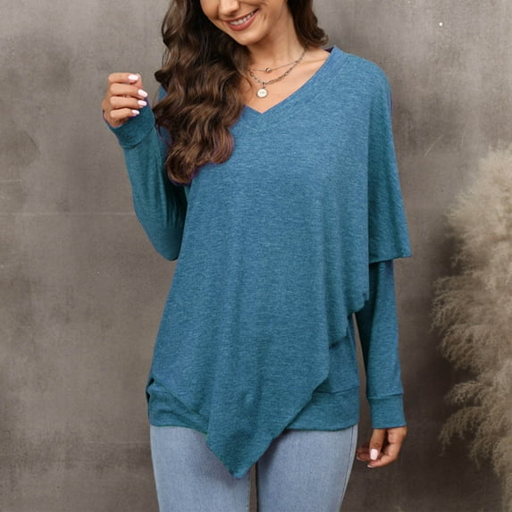 Lilgiuy Women Fashion Casual Solid Color Loose Lap Shoulder Irregular T-Shirt Long Sleeve V-Neck Tops for Beach Hawaiian Travel