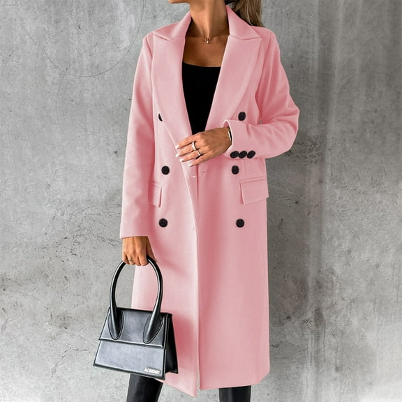 Lilgiuy Women Fashion Casual Solid Color Woolen Double Breasted Overcoat Turndown Collar Long Sleeve Hoodless Casual Outwear for Tennis Running