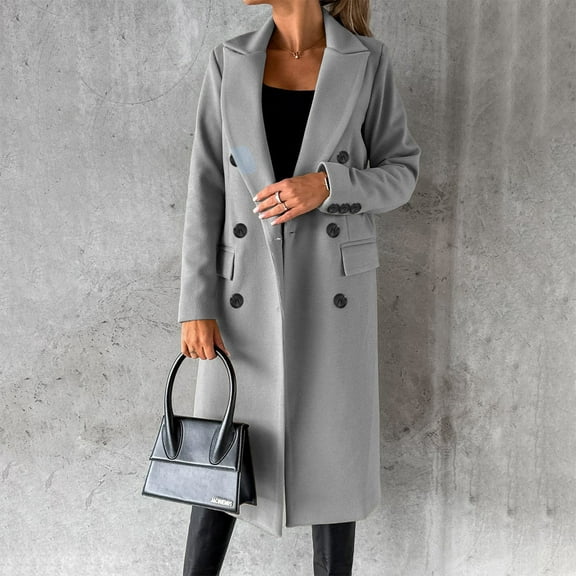 Lilgiuy Women Fashion Casual Solid Color Woolen Double Breasted Overcoat Turndown Collar Long Sleeve Hoodless Casual Outwear Gifts for Halloween Christmas