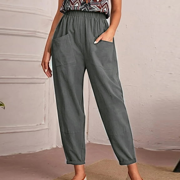 Lilgiuy Women Fashion Elastic Waist Casual Pure Color Straight Leg Cotton Linen Cropped Pocket Trousers Petite Classic Proportioned Pant