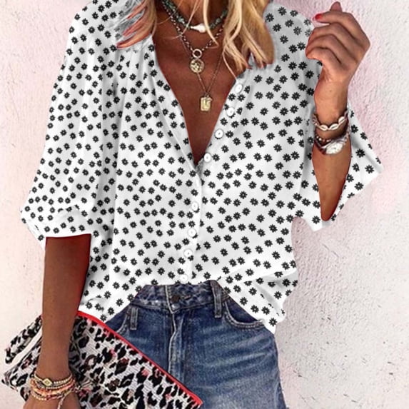 Lilgiuy Women Fashion V Neck Floral Printed 3/4 Sleeve Shirt Loose Blouse Top