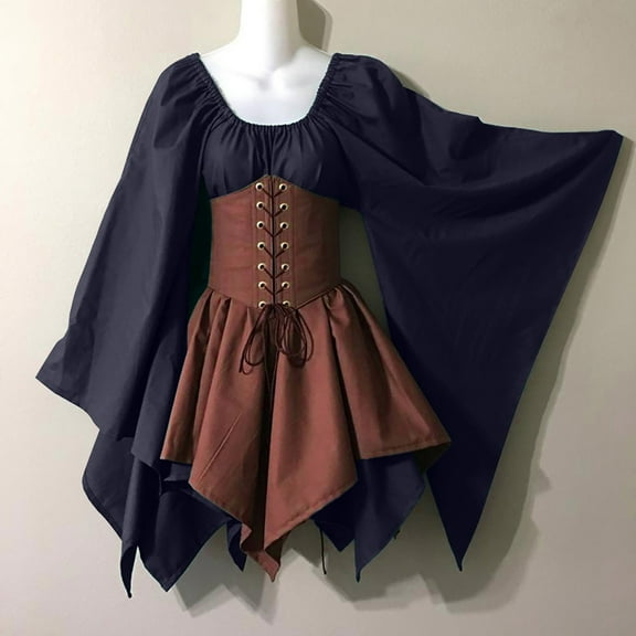 Lilgiuy Women Halloween Costumes Gothic Retro Round Neck Long Sleeve Knee-High Dress Gifts for Her Dark Blue