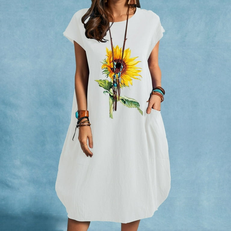 Lilgiuy Women Hawaiian Dress Women s Solid Color Short Sleeve Round Neck Dress Printing Dress With Pokets Midi Dress Clearance