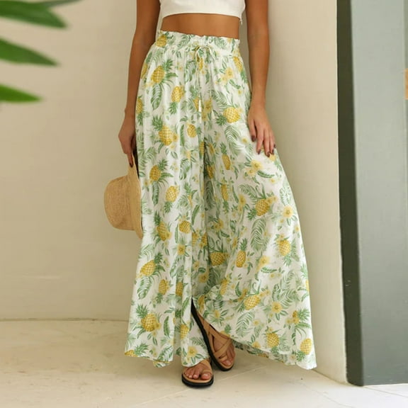 Lilgiuy Women High Waist Pants Vintage Print Stylish Floral Printing Waist Tie Wide-Leg Pants Beach Palazzo Pants