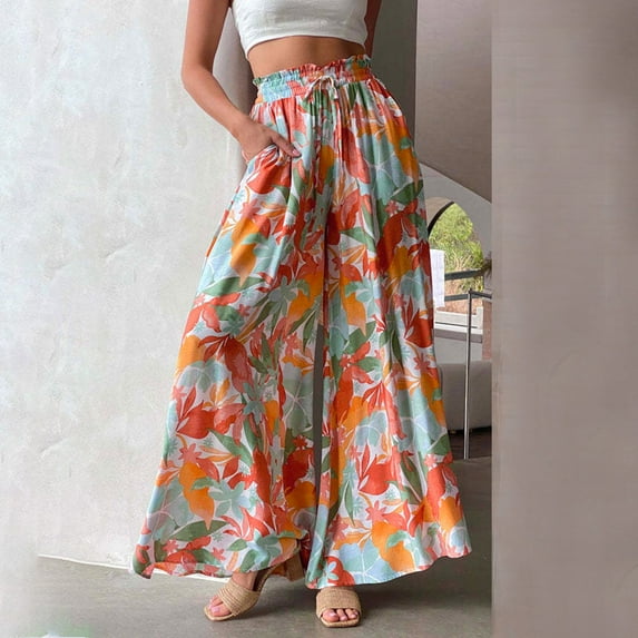 Lilgiuy Women High Waist Pants Vintage Print Stylish Floral Printing Waist Tie Wide-Leg Pants Tall Bootcut Dress Yoga Work Pants