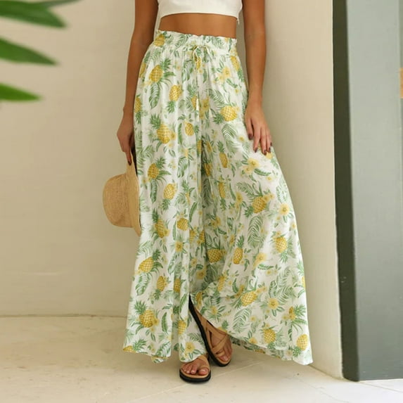 Lilgiuy Women High Waist Pants Vintage Print Stylish Floral Printing Waist Tie Wide-Leg Pants for Formal Meeting Date