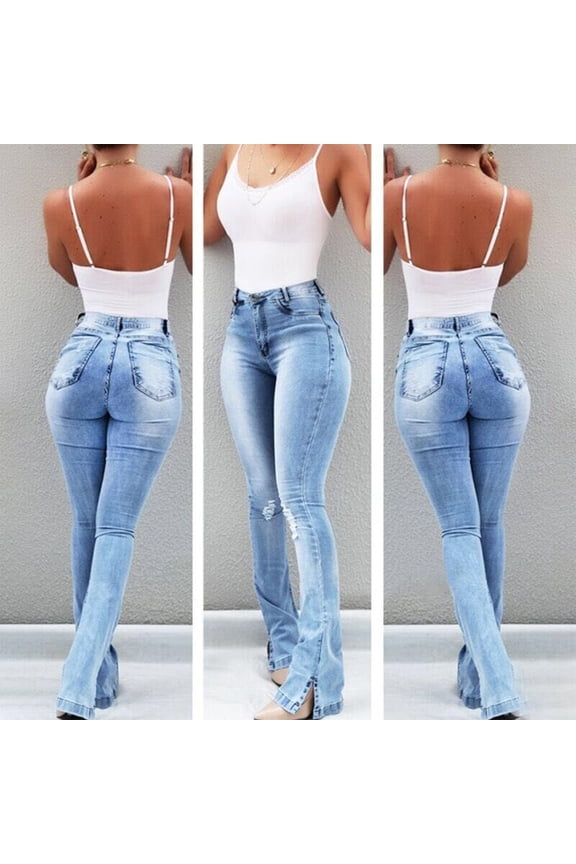 Women High Waisted Skinny Pocket Stretch Slim Button Trousers Hole Flare Pants Denim Jeans Cooling Tactical Hiking Pants