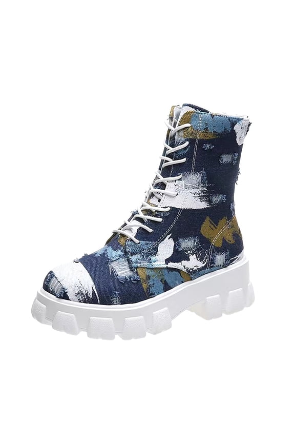 Women Lace-up Shoes Retro Western Boots Casual Warm Low Heels BootsDark Blue,7(39) Winter Fashion 2022