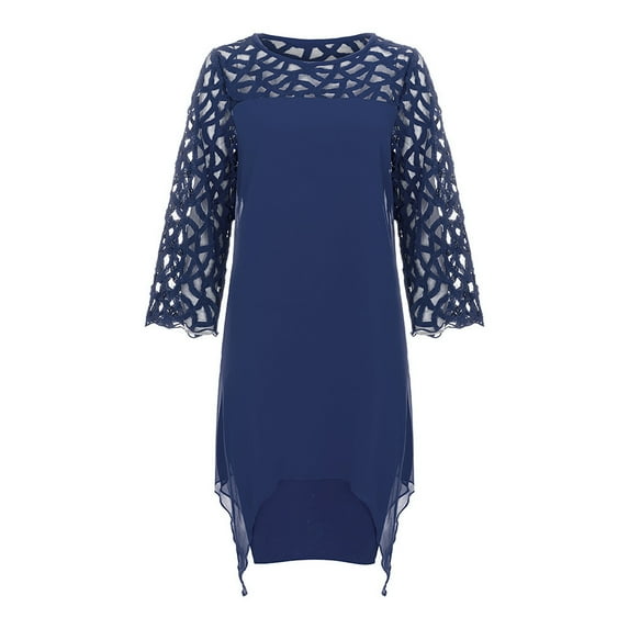 Lilgiuy Women Lady Patchwork Mesh Crewneck Three Quarter Sleeve Plus Size Dress Dark Blue 2022 Fall Winter