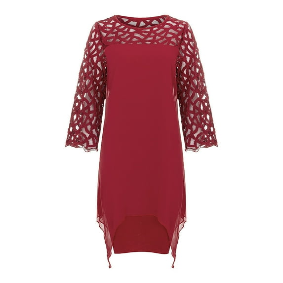 Lilgiuy Women Lady Patchwork Mesh Crewneck Three Quarter Sleeve Plus Size Dress Red Fall Dresses for 2022 Spring Winter