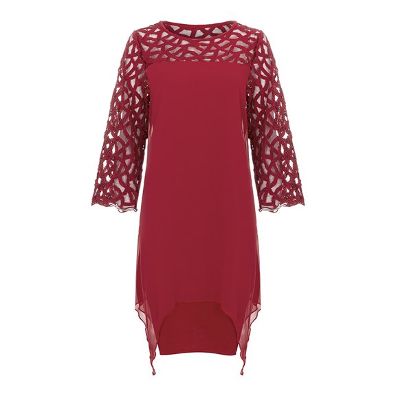 Lilgiuy Women Lady Patchwork Mesh Crewneck Three Quarter Sleeve Plus Size Dress Red Fall Dresses for 2022 Spring Winter