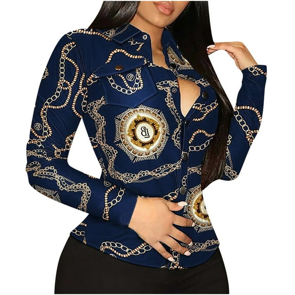 Lilgiuy Women Lapel Printing Front Button Cardigan Long Sleeves Shirt Tops Coat(Blue,6) Winter Dresses for 2022